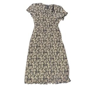 Connected Vintage Black Beige Floral Print Pleated Maxi Dress Women's Size 6
